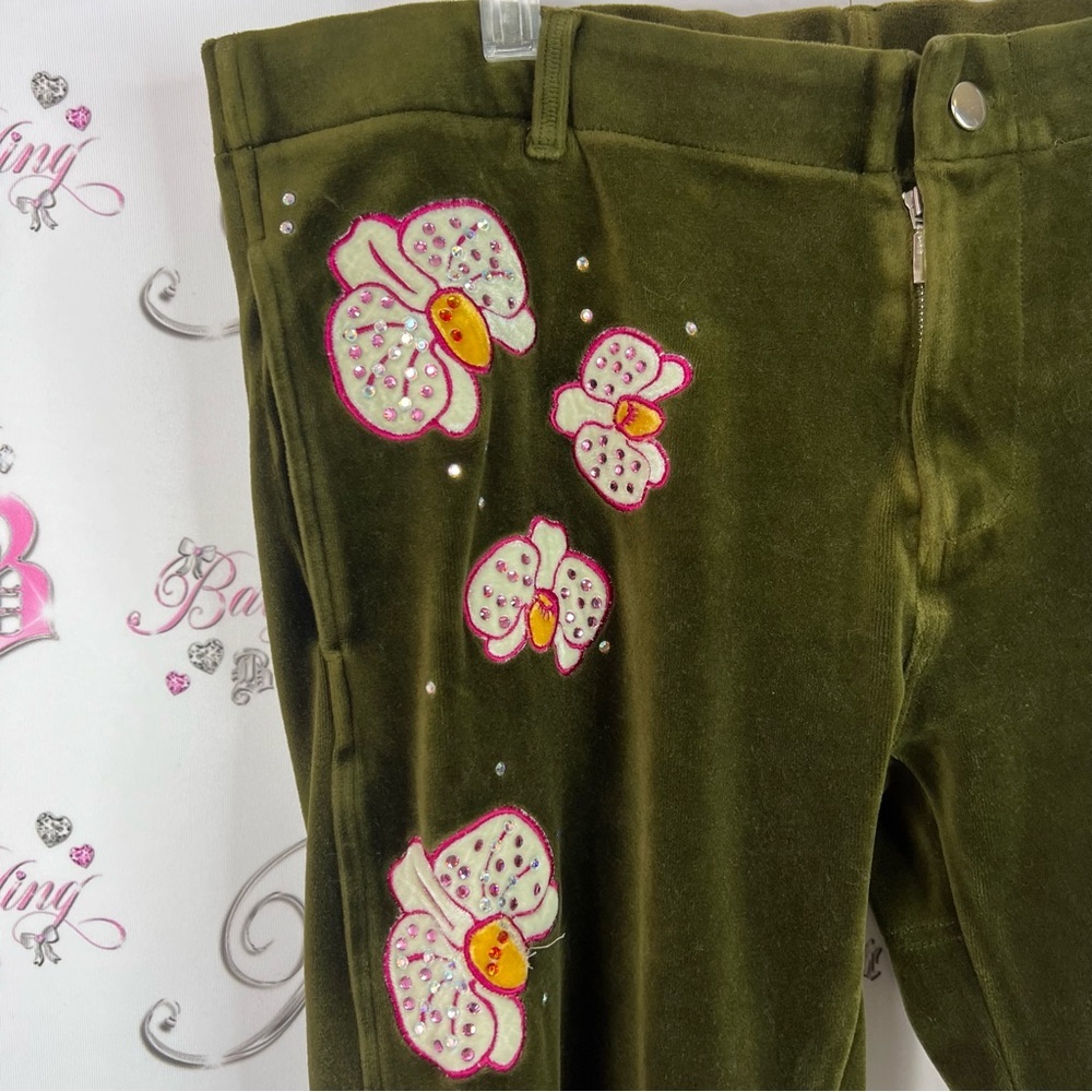 Alanda rling pants soft bling rhinestone flowers pockets y2k Olive Green Pants - Picture 5 of 14